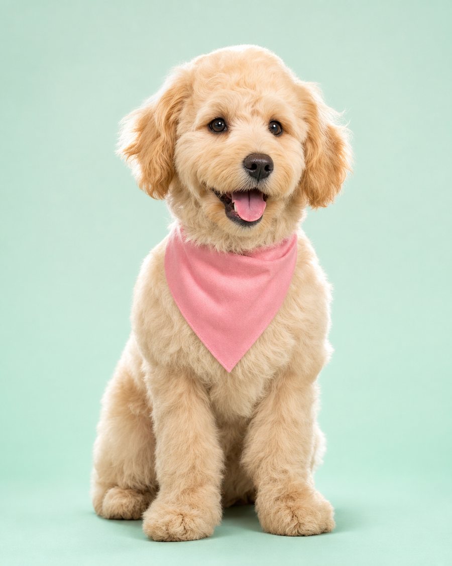 A freshly groomed cream goldendoodle puppy wearing a pink bandana